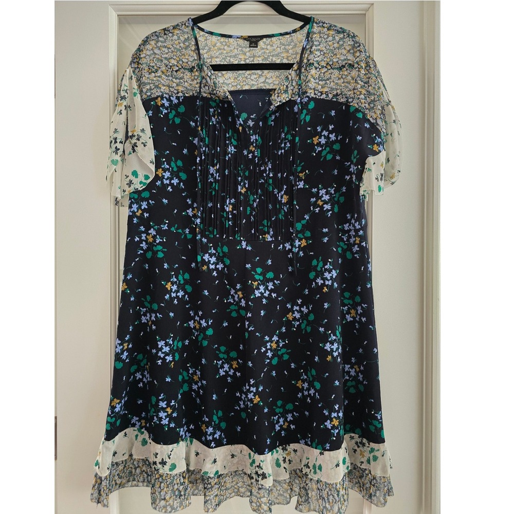 Ann Taylor Mixed Floral‎ Print Pleated Bib Mini Dress Navy Blue Short Sleeve 8P